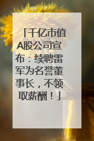 千亿市值A股公司宣布：续聘雷军为名誉董事长，不领取薪酬！